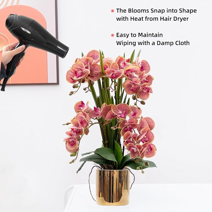 CXGS Artificial Orchid Flower Plants Real Touch Faux Orchids in Ceramic Vase 20.9'' Purple Dapple Phalaenopsis Orchid Fake Flower Arrangement Home Indoor Decor