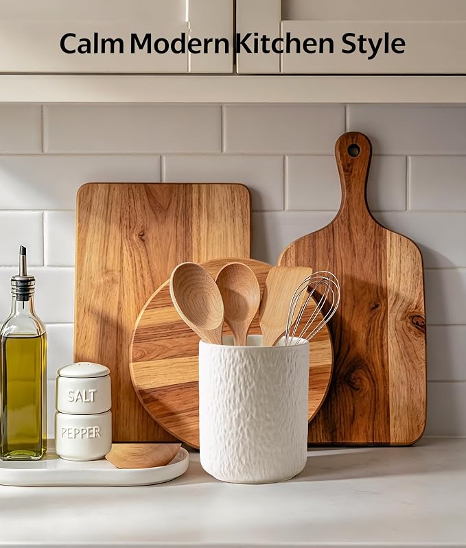 Kitchen Utensil Holder for Countertop, Ceramic Utensil Crock with Ripple Texture, Heavyweight White Kitchen Organizer for Spatulas, Spoons & Cooking Tools, Modern Minimalist Counter Decor