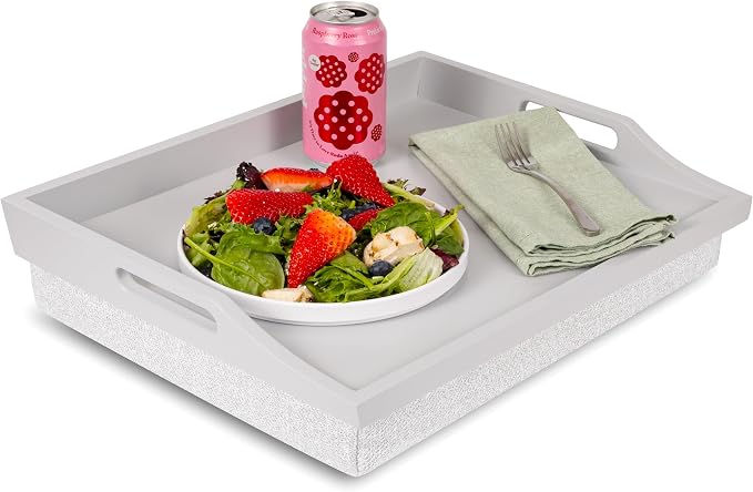 ROSSIE HOME Wood Bed Tray Lap Desk - Set of Two - with Hyacinth Storage Basket - Calming Gray - Fits up to 15.6 Inch Laptops - Style No. 70105