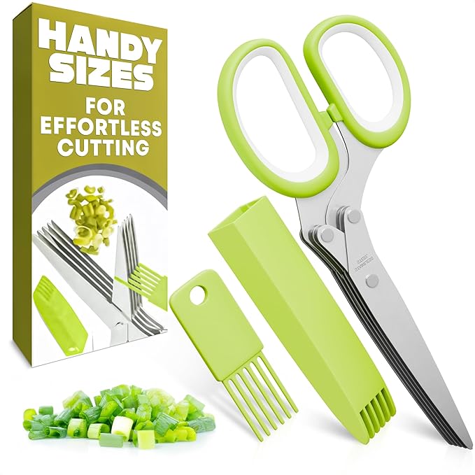 Herb Scissors with 5 Blades and Cover – Stainless Steel Herb Cutter with Ergonomic Handle and Cleaning Brush, Dishwasher Safe Design – 5x Faster Cutting of Cilantro, Parsley, Green Onion & Fresh Herbs