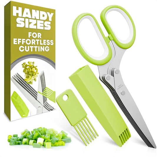 Herb Scissors with 5 Blades and Cover – Stainless Steel Herb Cutter with Ergonomic Handle and Cleaning Brush, Dishwasher Safe Design – 5x Faster Cutting of Cilantro, Parsley, Green Onion & Fresh Herbs