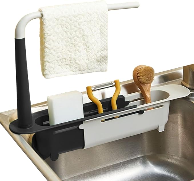 Dish Rack Over Sink, Telescopic Over-Sink Dish Drying Rack with Tray & Sponge Holder, Adjustable Drain Basket Organizer with Dishcloth Hanger for Home, Black
