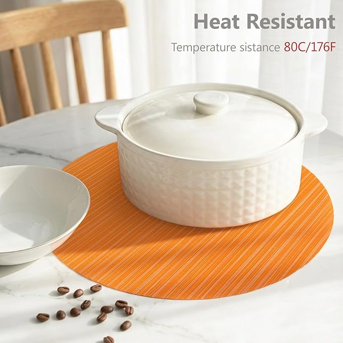 AHHFSMEI Round Placemats Set of 6 Woven Vinyl Non-Slip Heat Resistant Stain Resistant Easy Clean Place mats for Dining Table(Orange)