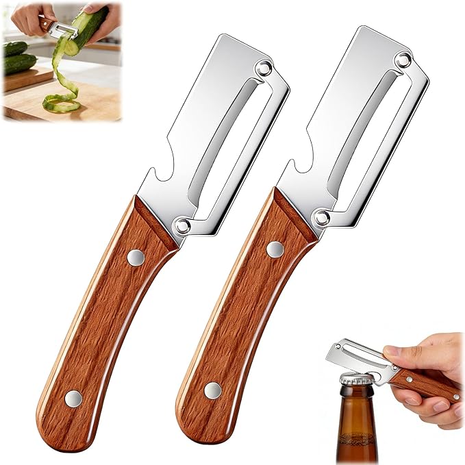 Premium Vegetable Peeler with Wooden Handle and Bottle Opener,2-in-1 Stainless Steel Kitchen Tool for Fruit Potato Zucchini Pumpkin Papaya(2 PSC)