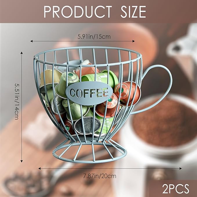 2-Pack Capsule Holder, Large Coffee & Tea Storage Organizer, Metal Basket for Countertop, Multi-Purpose Organizer for Home, Office, Cafe (Blue)