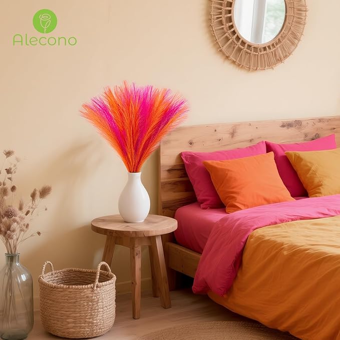 Alecono Pampas Grass 17in 𝟯𝟬𝙋𝙘𝙨, Orange and Hot Pink Artificial Faux Fluffy Pampas Grass Decor for Home Wedding Centerpieces Party