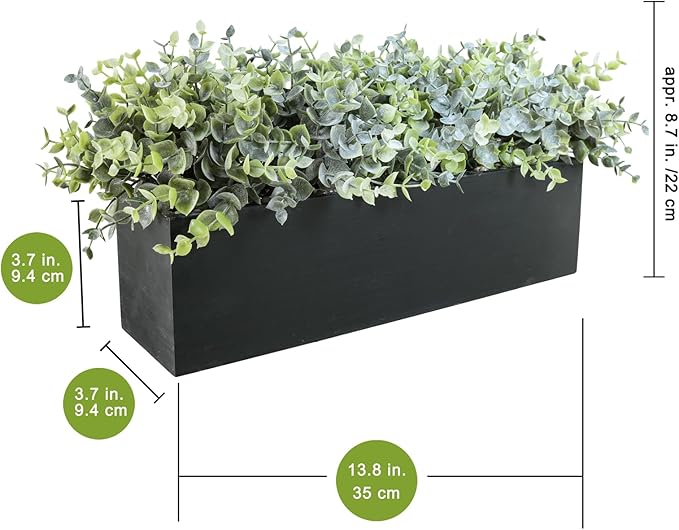 Winlyn 14" Artificial Eucalyptus Arrangement Faux Eucalyptus Plants in Black Rectangular Wooden Planter Box Artificial Potted Plant for Farmhouse Home Wedding Table Centerpiece Shelf Greenery Décor