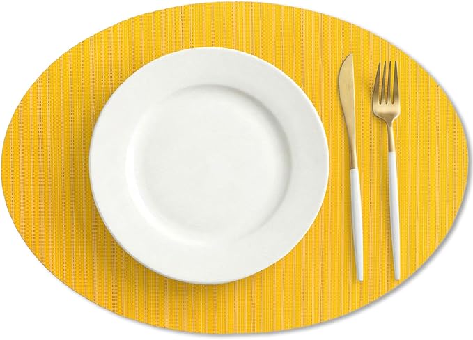 AHHFSMEI Oval Placemats Set of 6 Woven Vinyl Non-Slip Heat Resistant Stain Resistant Easy Clean Place mats for Dining Table(Yellow)