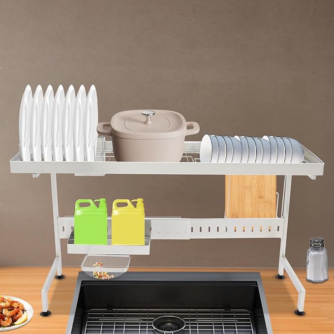 Over The Sink Dish Drying Rack, Stainless Steel Storage Shelf Kitchen Organizer Dish Drainer for Pots Pans Cups Bowls, L34.7*W10.2*H19.7in, Silver