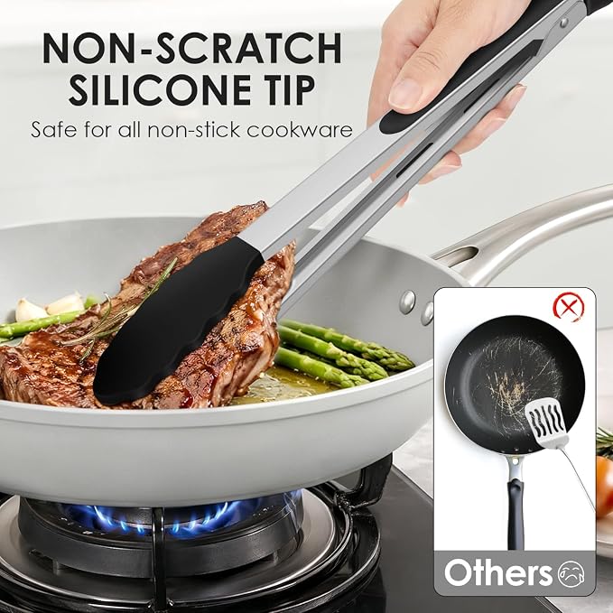 HOTEC Silicone Kitchen Tongs Set of 2-9" and 12" Locking Stainless Steel Cooking Tongs with Silicon Tips Non-Scratch Heat Resistant 600°F for BBQ, Grill, Air Fryer & Serving