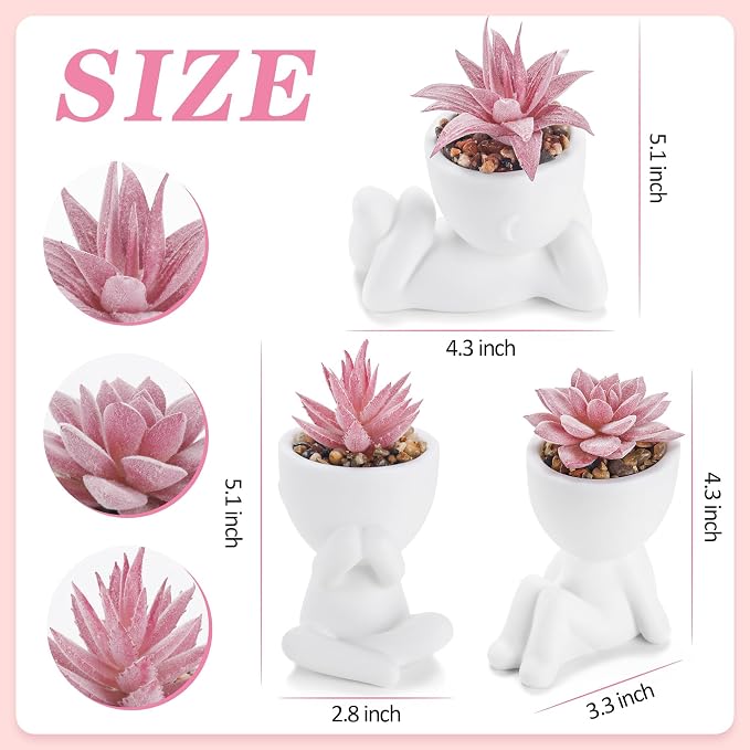 Der Rose 3 Pcs Fake Succulents Plants Artificial Pink Room Office Desk Decor for Women