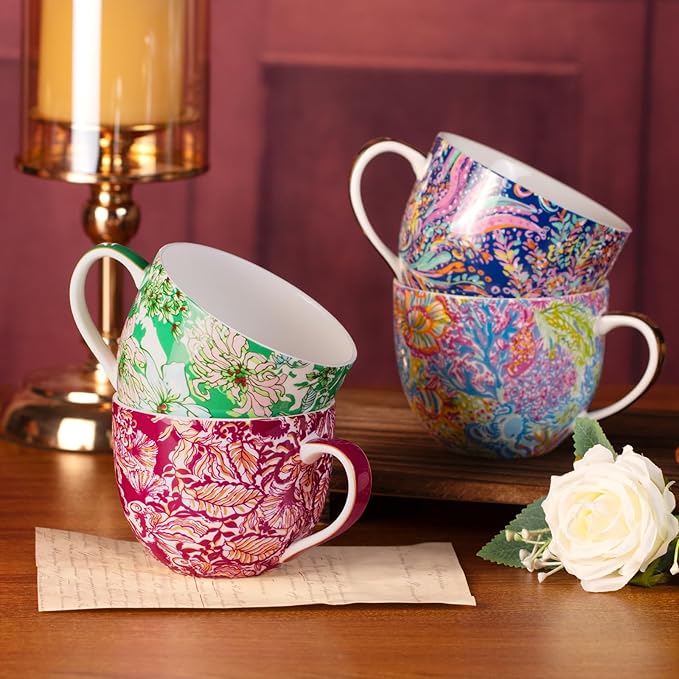 KAMMAK Coffee Mugs Ceramic Tea Cups Set of 2, 15 oz Porcelain Espresso Cups with Handle Large Novelty Mugs for Cappuccino, Latte, Americano, breakfast cereal, Hot Cocoa (Red + Green)