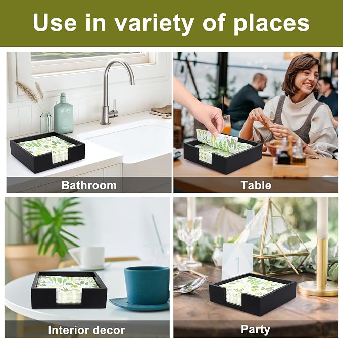 Renawe Black Wood Napkin Holder - Rustic Farmhouse Tropical Style - Perfect for Table, Kitchen, Bathroom & More - Non-Slip Base - Easy to Grab Napkins
