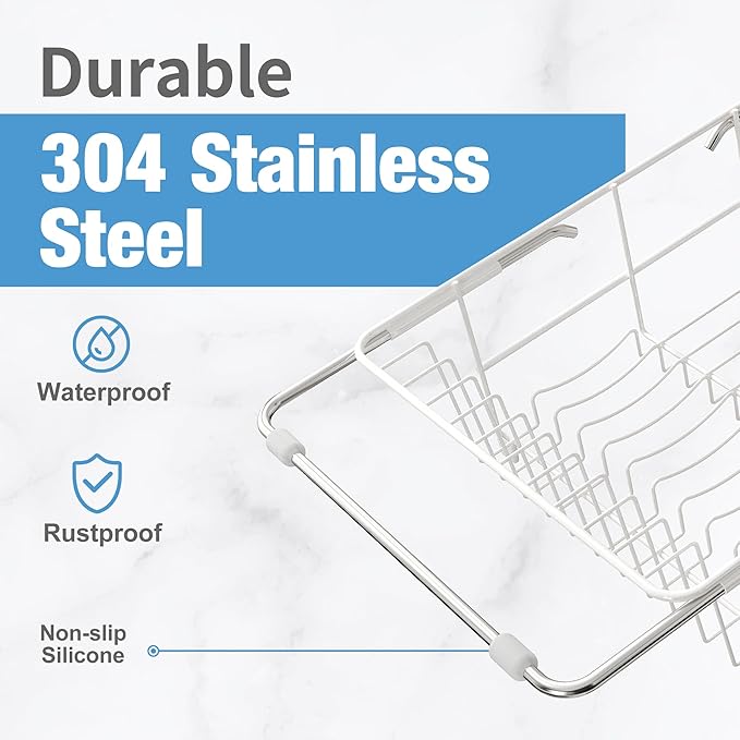 JASIWAY White in Sink Dish Drying Rack, Expandable Stainless Steel Small Dish Rack Over Kitchen Sink, Plate Drainer Strainer with Utensil Holder & Cup Holders, Counter Space Saving Wire Dryer Rack