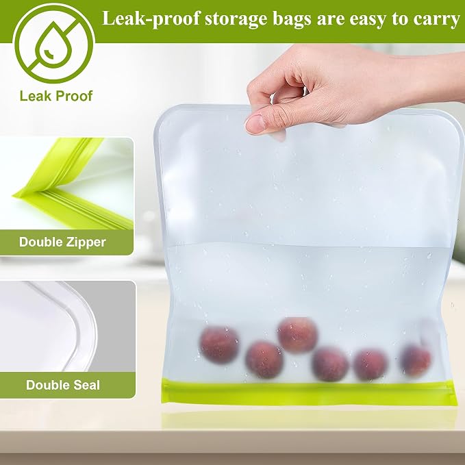 8 Pack Silicone Bags Reusable Storage Silicone Bags-3 Reusable Gallon Freezer 3 Sandwich 2 Snack Bags, Leakproof Food Storage Containers for Home Work