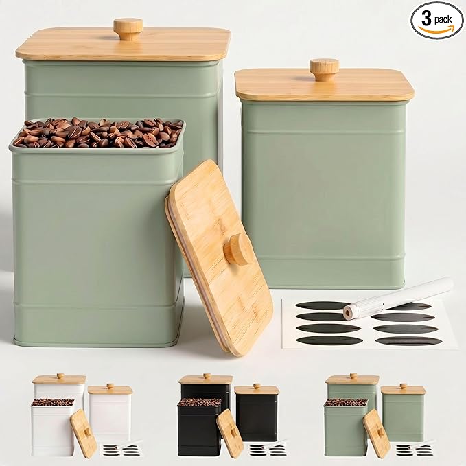 Kitchen Canisters for Countertop Set of 3 with Customizable Chalkboard Labels & Marker Pen - Big Iron Kitchen Canisters with Airtight Lids - Sage Green Canister Set - Flour and Sugar Containers