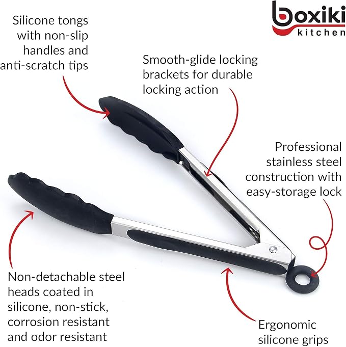 Kitchen Tongs for Cooking with Silicone Tips by Boxiki Kitchen, BPA Free Stainless Steel set of 2 Silicone Tongs for Cooking, Grilling & Toss a Salad, Heat Resistant Grill Tongs for Serving Food.