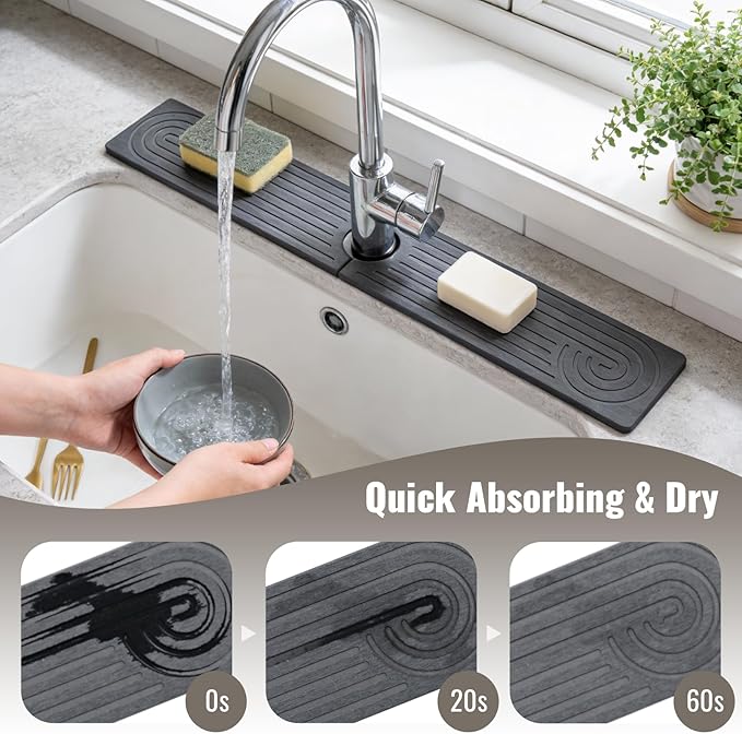 Hopegiver Stone Faucet Mat for Kitchen Sink - Fast Drying Diatomite Sink Protector Prevent Moisture, Super Water Absorbing Stone Tray for Kitchen & Bathroom Counter (Gray, 23.6"x3.9")