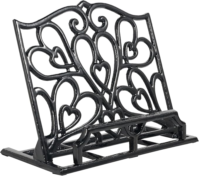 JOGREFUL Cookbook Stand, Cast Iron Heavy-Duty Recipe Book Holder, Kitchen Vintage Recipe Book Holder, Reading Rest Holder for Easel/Counter/Books/Magazine/iPad/Bible, Love Heart Pattern, Black