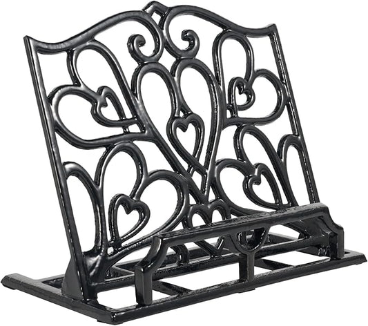 JOGREFUL Cookbook Stand, Cast Iron Heavy-Duty Recipe Book Holder, Kitchen Vintage Recipe Book Holder, Reading Rest Holder for Easel/Counter/Books/Magazine/iPad/Bible, Love Heart Pattern, Black