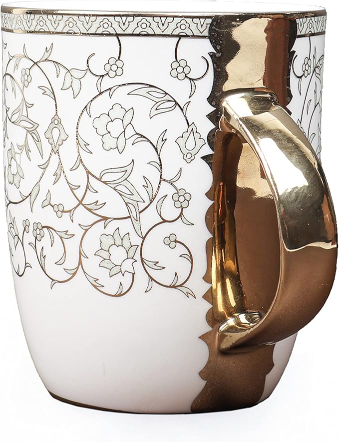Femora Ceramic Coffee Mugs Indian Golden Disign Set of 2, 10 oz, Cappuccino Cups, Porcelain Tea Set, Latte Cups, Espresso Mugs