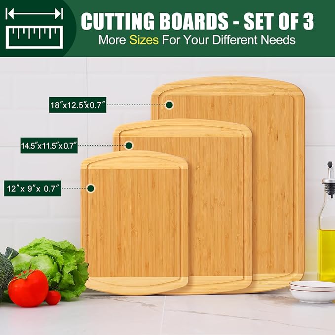 Homaxy Bamboo Cutting Boards for Kitchen Set of 3, Wood Cutting Board Set with Juice Groove, Wooden Butcher Block Chopping Board Set for Kitchen, Meat, Cheese, Fruit & Vegetables - Pre Oiled, Two-Tone
