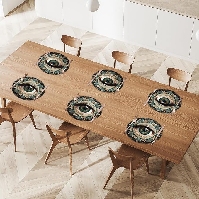 Round Placemats Set of 4, Ethnic Flowers Eye of Evil Woven Placemats Mats Non-Slip Heat Resistant Washable Table Mats Round Braided Place for Farmhouse Kitchen Dining Party Decor 15in