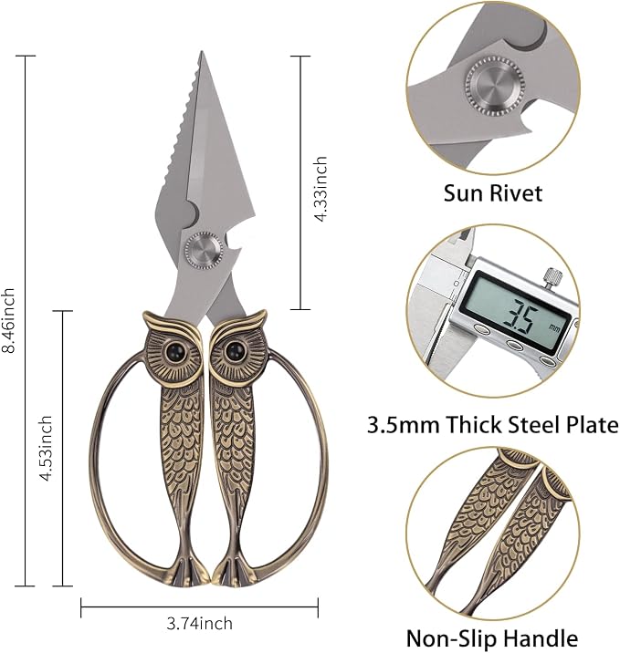WARMHEART Owl Kitchen Scissors All Purpose, Stainless Steel Heavy Duty Sharp Shears for Meat, Chicken, Fish, Poultry, Herb, Bread (Rose gold, Large)