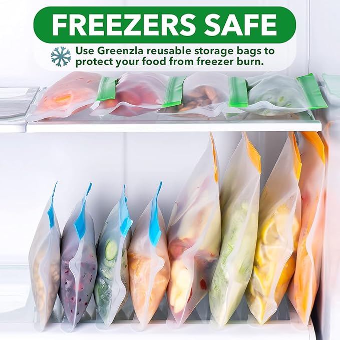 GREENZLA Reusable Freezer Bags, 8-Pack Extra Thick and Leakproof & Resealable - For Safe Food Storage, Marinating, Snacks, & Meal Prep, Reusable Bags for Food, & Freezer Safety