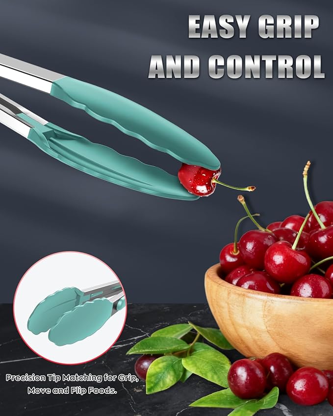 600ºF Heat Resistant Kitchen Tongs, Premium Locking Cooking Tongs with Silicone Tips, Non-Slip Food Tongs for Cooking, Non-Stick, Heavy Duty Stainless Steel Handle, Set of 3-7" 9" and 12" Aqua Sky