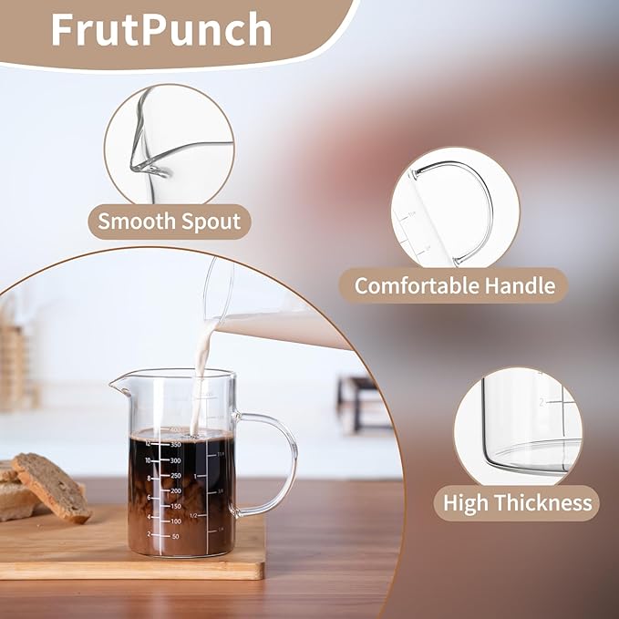 FrutPunch Glass Measuring Cup, 500ML (18OZ, 2 Cups), with Three Scales and V-Shaped Mouth Measuring Cup, High Borosilicate Glass Liquid Measuring Cups, Suitable for Kitchen and Restaurant.