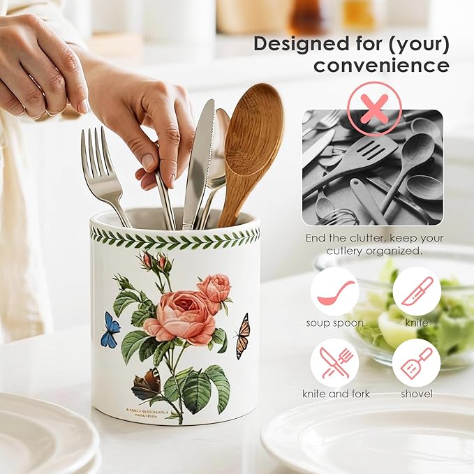 ACMLIFE Extra Large Cooking Utensil Holder, 7.3" Kitchen Utensil Holder for Countertop, Utensil Crock for Farmhouse Kitchen Decor, Ceramic Stable Utensil Caddy, Floral (Rose)