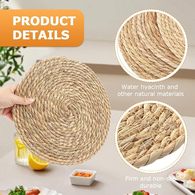 6Pcs Round Woven Placemats - 12 Inch Rattan Non-Slip Wicker Farmhouse Weave Place Mats - Natural Hand Woven Chargers for Dining Table, Home, Wedding