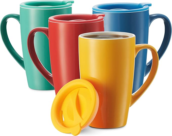 Godinger Insulated Mug Set with Lids - 16oz, Set of 4, Hot Beverage Cups for Coffee, Tea On The Go