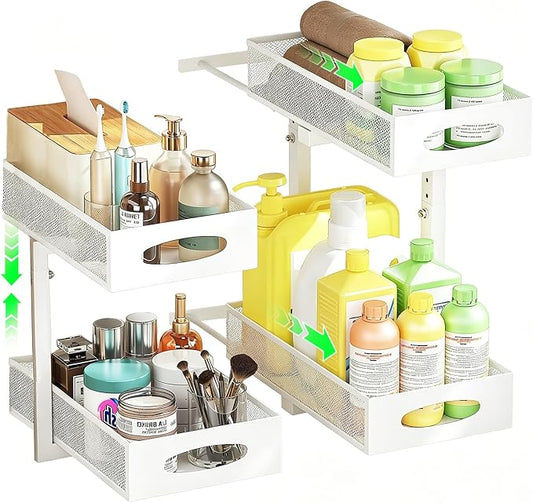 2-Pack Under Sink Organizer, Pull Out Cabinet Organizer, White | Rustproof Carbon Steel, 2 Tier Mesh Sliding Drawers, 5-Level Height Adjustable to Bypass Pipes, for Kitchen Bathroom Laundry