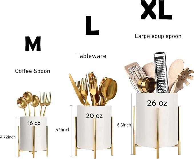 Utensil Caddy for Weddings and Parties,Sturdy Metal and Ceramics,Decorate Kitchen and Dining Table, White gold, S0017