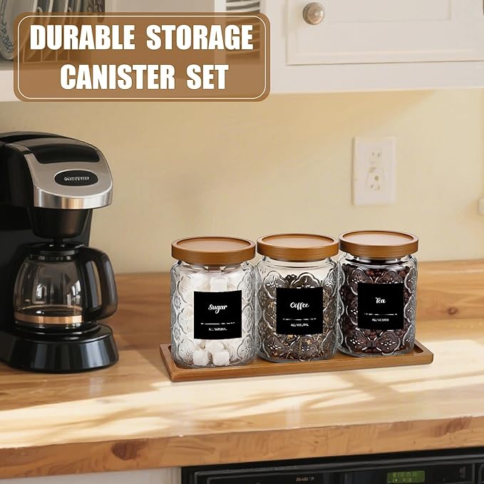 3 Pcs Glass Coffee Container Set with Wooden Lid Spoon Shelf Labels 24 oz Vintage Clear Sugar Tea Bean Jar Food Condiment Spice Storage Canisters Holder Set for Bar(Begonia)