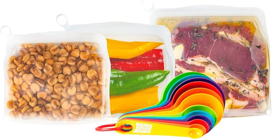 [3 Pack] Reusable Silicone Bags + Measuring Spoons Set - Large, Medium, Small Stand Up Food Storage - Leakproof, BPA Free, Dishwasher & Microwave Safe.