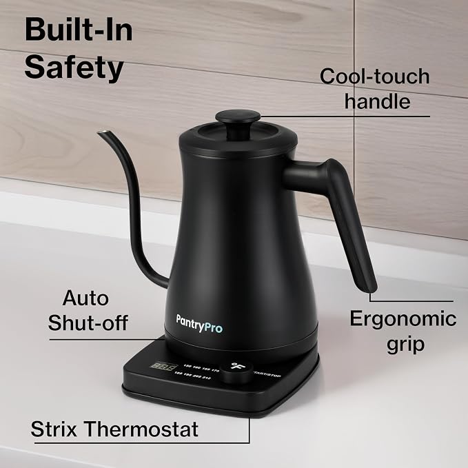 PantryPro Gooseneck Electric Kettle with Temperature Control, 34oz/1.0L Rapid Boil, Stainless Steel Interior, Auto Shut-Off, 1500W, Boil-Dry Protection, LED Indicator - Black