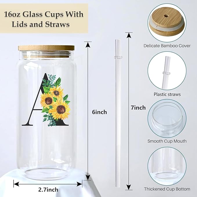 Initial Glass Cups Sunflower with Bamboo Lids and Straws,16oz Iced Coffee Mug Tumbler,Monogrammed Birthday Gifts Mother's Day Sunflower Gifts for Women,Mom,Friend,Sister