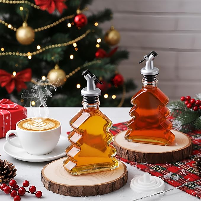 Vesici 3 Pack Christmas Glass Syrup Dispenser 6.8oz Clear Olive Oil Bottles Set with Pourers Funnel and Brush Christmas Tree Syrup Bottles Set Xmas Coffee Bar Decoration Bathroom Kitchen Gifts