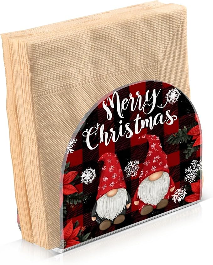 Napkin Holder Acrylic Napkin Holder for Table Kitchen Party Restaurant U Shaped Upright Napkin Dispenser Organizer Red and Black Checkered Christmas Gnomes