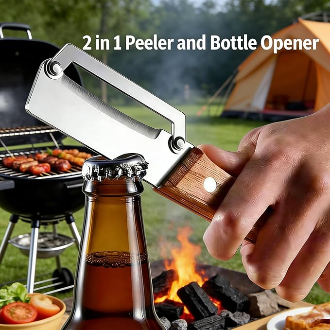 Multifunctional Vegetable Peeler with Wooden Handle and Bottle Opener, 2 in 1 Stainless Steel Blade Peeler for Kitchen, Specially Designed for Peeling Various Fruits and Vegetables (1pcs)