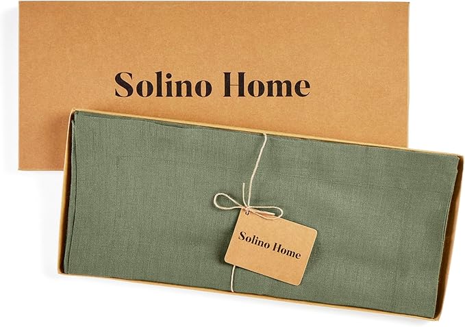 Solino Home Linen Oil Green Table Runner 120 Inches Long - 100% Pure Linen 14 x 120 Inch Table Runner for Spring, Summer - Fete