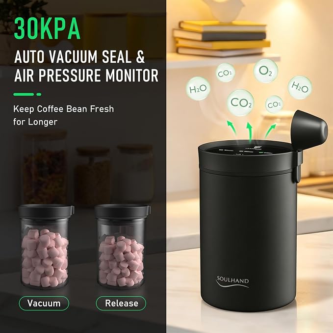 Vacuum Coffee Canister, 1.6L Stainless Steel Airtight Coffee Storage | Electric Auto Vacuum Seal Lid with Touch Screen, Airtight Design for Coffee Beans,Grounds,Food Preservation,Black