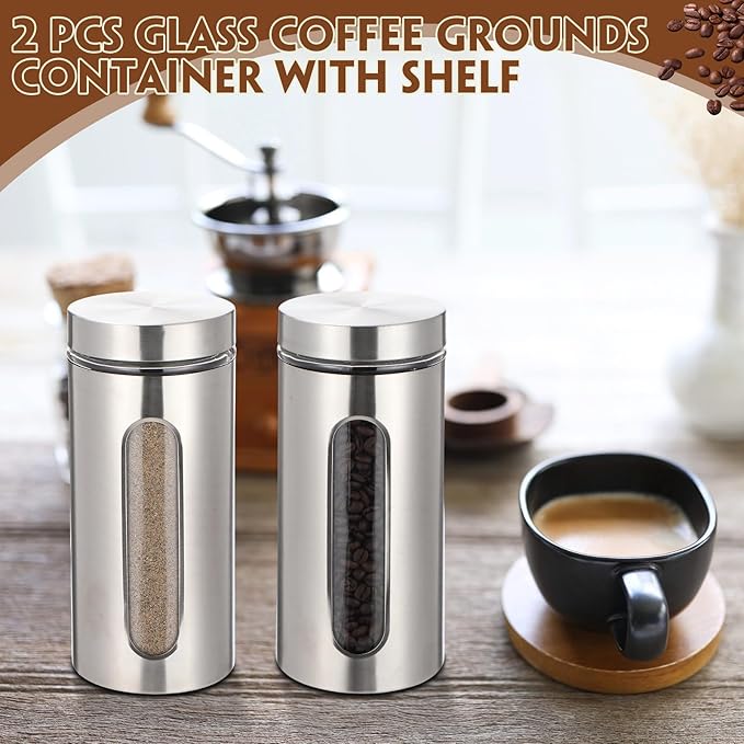 Suclain Stainless Steel Coffee Grounds Canisters with Shelf 2 x 50oz Sugar Coffee Bean Storage Container with Airtight Threaded Lid Glass Window Scoop Kitchen Jar Set for Bar Creamer Nut Tea