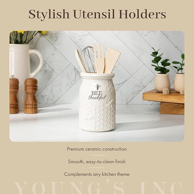 Young's Inc Modern Country Tool Holder with Wood Kitchen Tools, Ceramic Utensil Holder for Kitchen Counter, Cooking Spoon & Spatula Holder for Counter with Utensils, White/Grey
