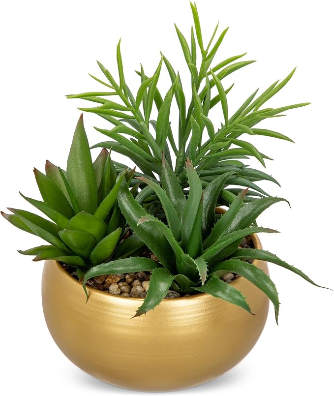 Briful Fake Succulents in Gold Metal Pot, Artificial Succulent Plants Arrangement for Home Decor, Small Faux Potted Plants Tabletop Centerpiece, Desk Office Bathroom Shelf Decorations