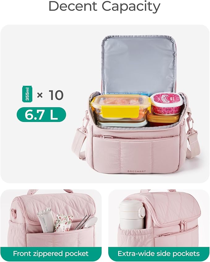 BAGSMART Insulated Lunch Bags for Women, Cute Quilted Lunch Box, Lightweight Puffy Padded Waterproof Lunch Tote, Reusable Lunch Cooler for Work Picnic Travel, Sage Green