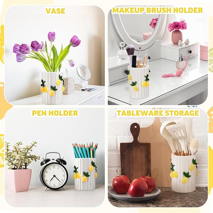 LemonRoad Lemon Kitchen Decor Ceramic Utensil Holder 3D Handmade Lemon Cooking Utensil Crock with Scalloped Edge Design Preppy Storage Caddy Organizer Vase Decor for Christmas Kitchen Countertop Gift